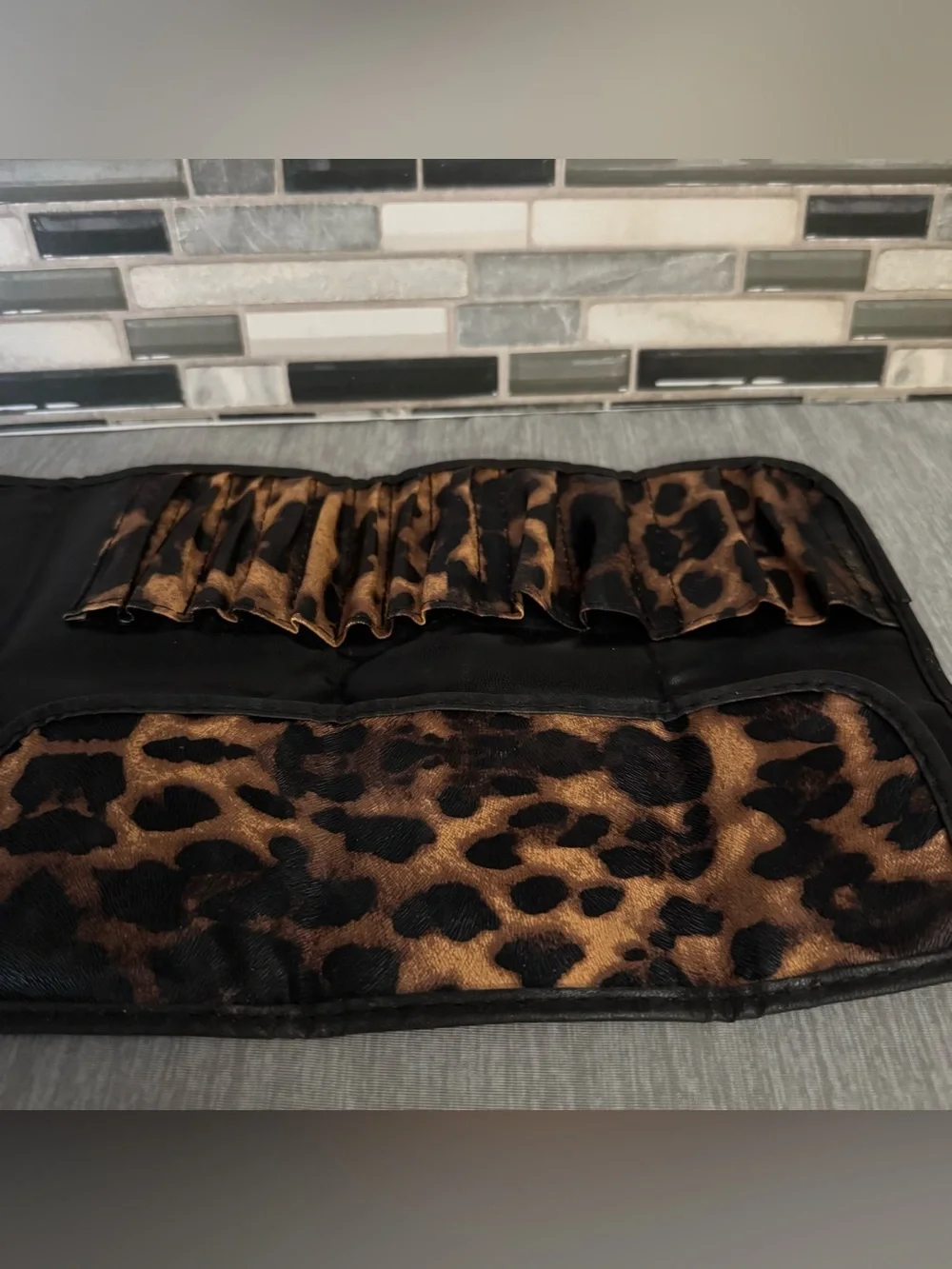 Leopard Print Travel Roll-Up Makeup Brush Organizer Case